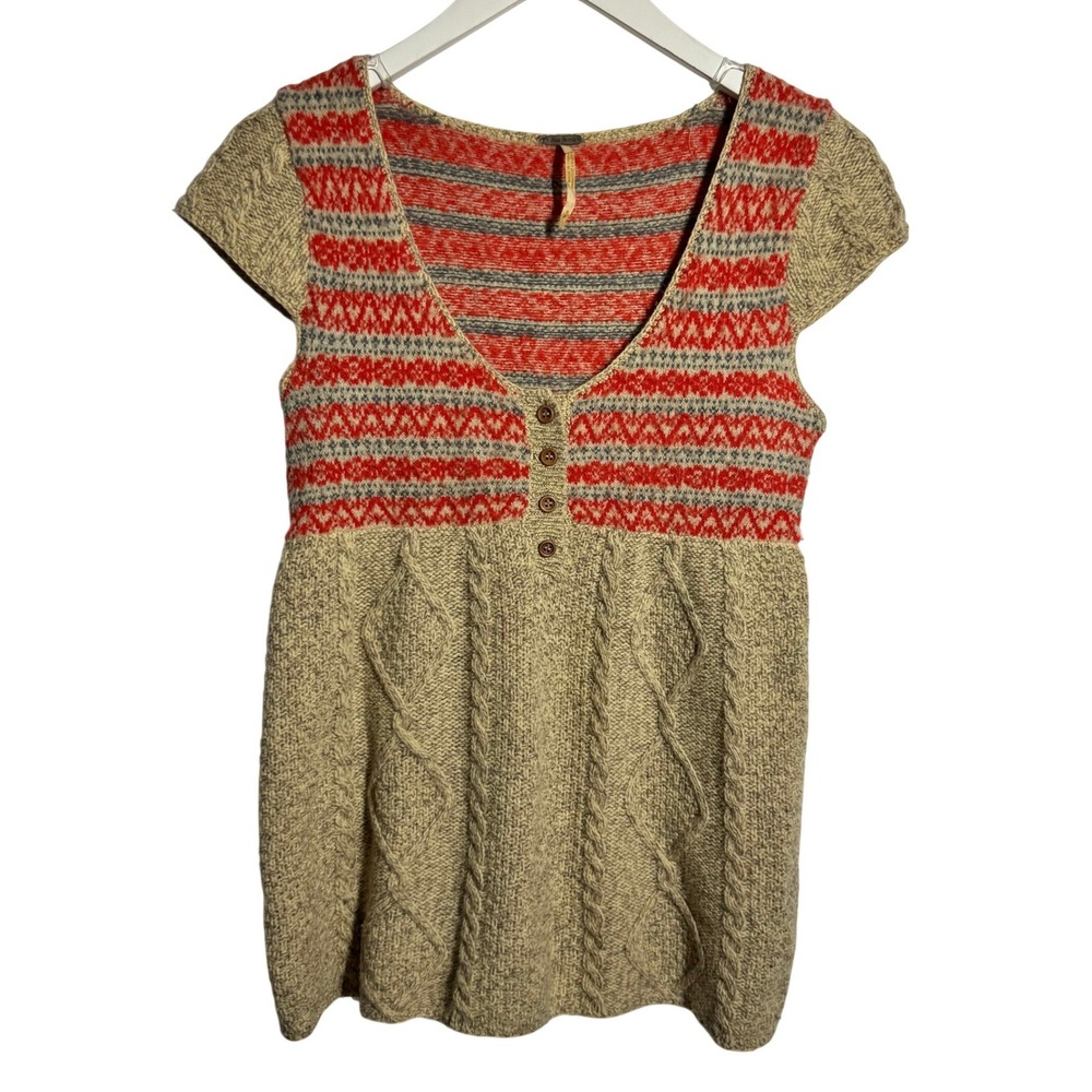 Free People Womens Small Wool Blend Fair Isle Cable Knit Cap Sleeve Sweater Top